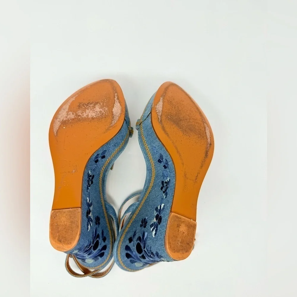 Christian Dior Vintage Denim Leather CD logo floral embroidered wedge heels 38.5